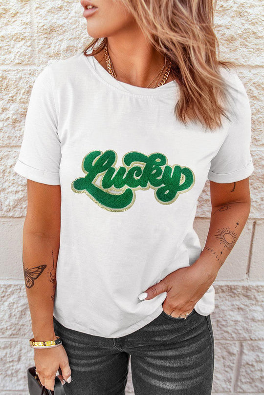 Green Lucky Chenille Glitter Patch Graphic T Shirt - Klazzi Fashion Boutique