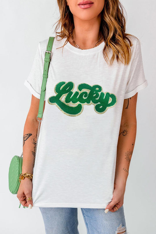 Green Lucky Chenille Glitter Patch Graphic T Shirt