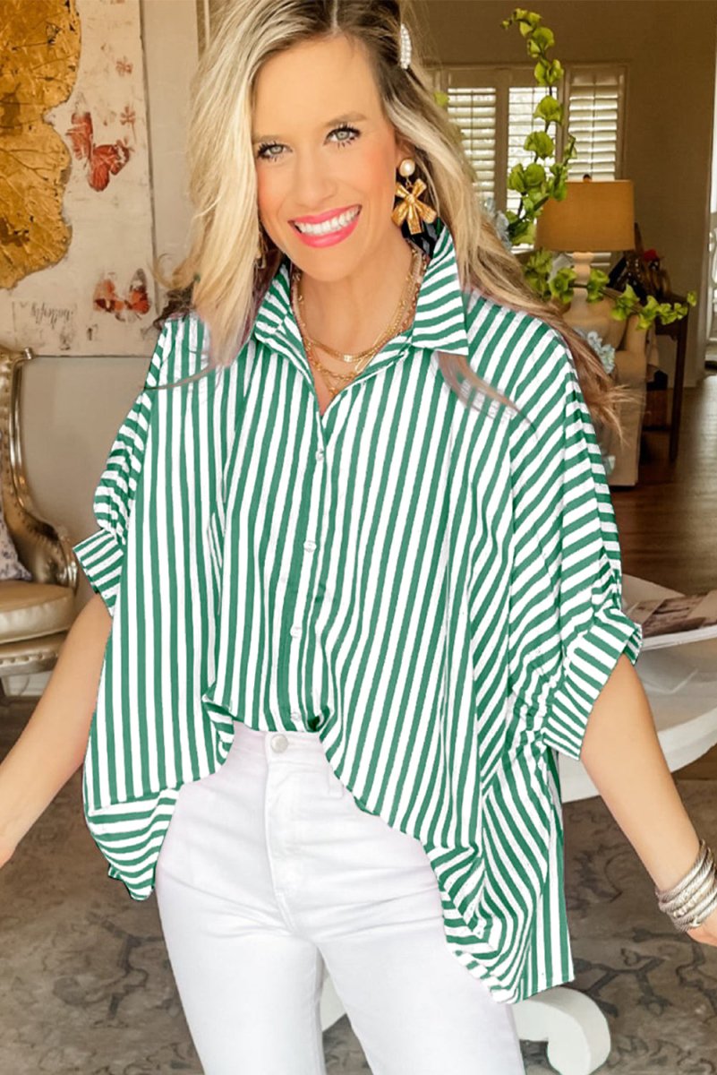 Green Stripe Dolman Sleeve Oversize Shirt - Klazzi Fashion Boutique