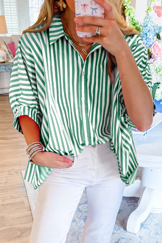 Green Stripe Dolman Sleeve Oversize Shirt - Klazzi Fashion Boutique