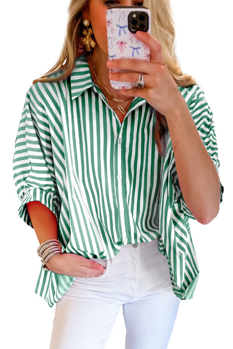 Green Stripe Dolman Sleeve Oversize Shirt - Klazzi Fashion Boutique