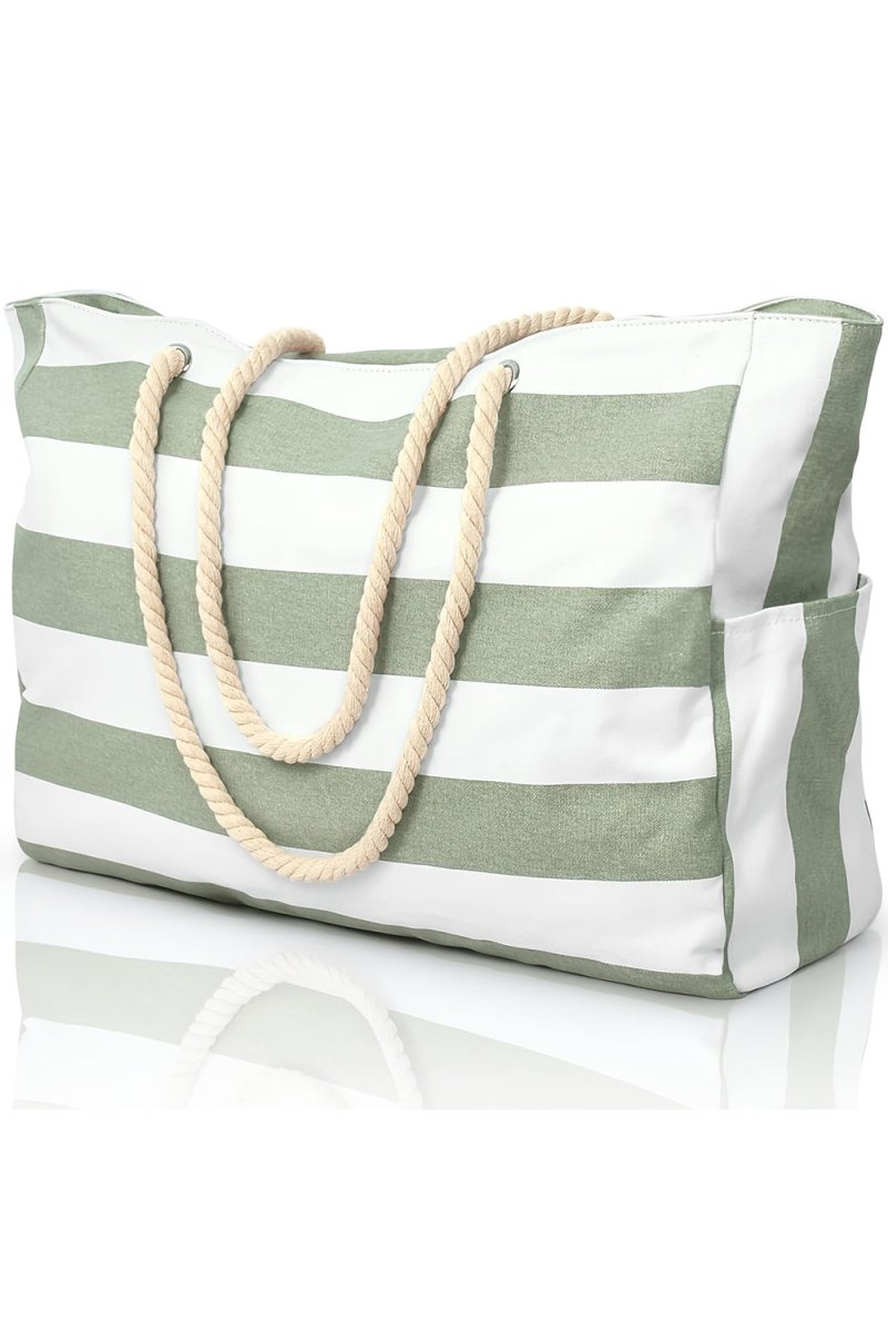 Green Striped Canvas Tote Bag - Klazzi Fashion Boutique