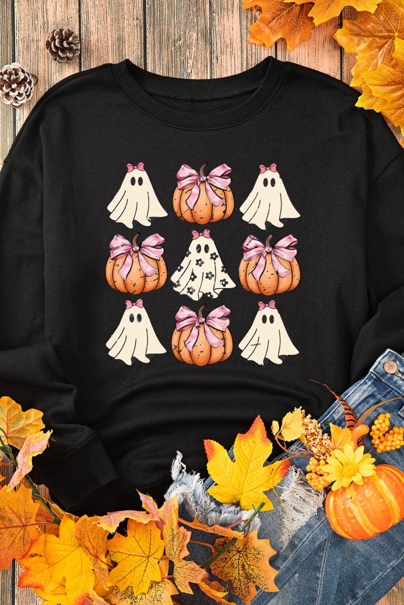 Halloween Black Bowknot Ghost Pumpkin Graphic Sweatshirt - Klazzi Fashion Boutique