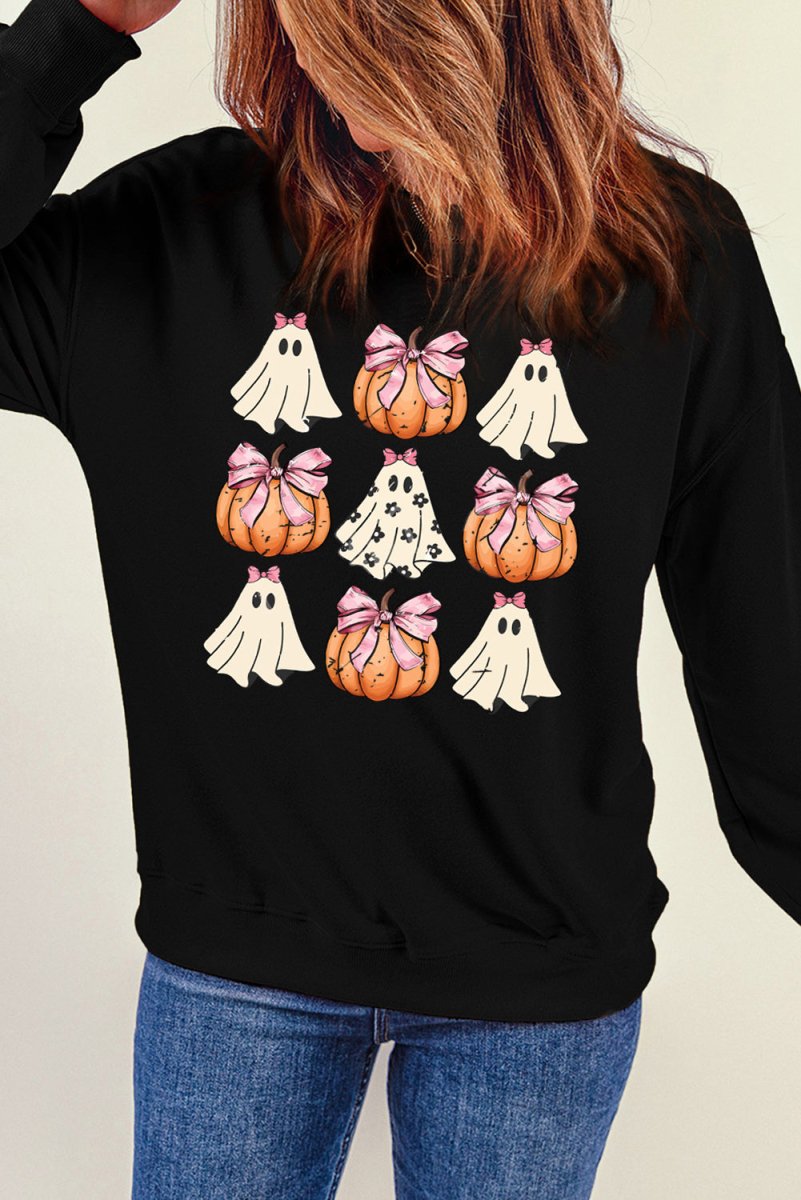 Halloween Black Bowknot Ghost Pumpkin Graphic Sweatshirt - Klazzi Fashion Boutique