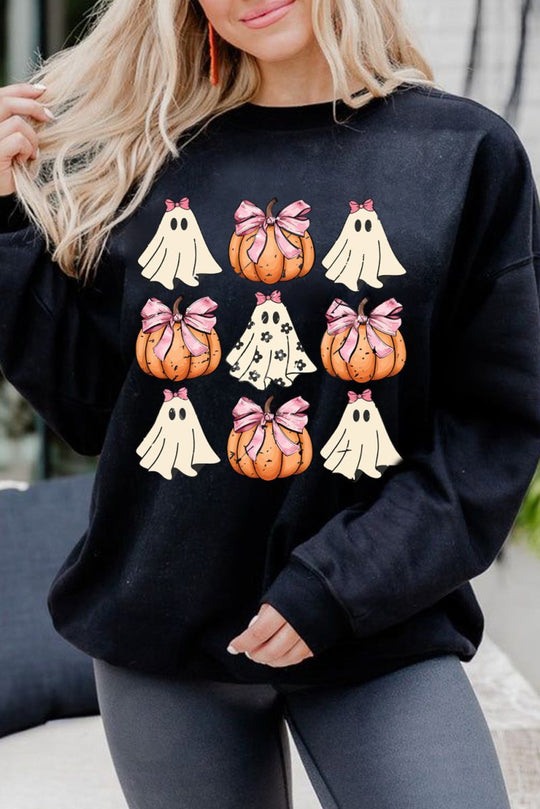 Halloween Black Bowknot Ghost Pumpkin Graphic Sweatshirt - Klazzi Fashion Boutique