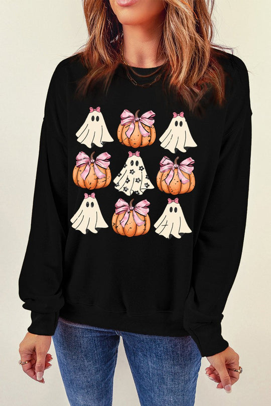 Halloween Black Bowknot Ghost Pumpkin Graphic Sweatshirt - Klazzi Fashion Boutique