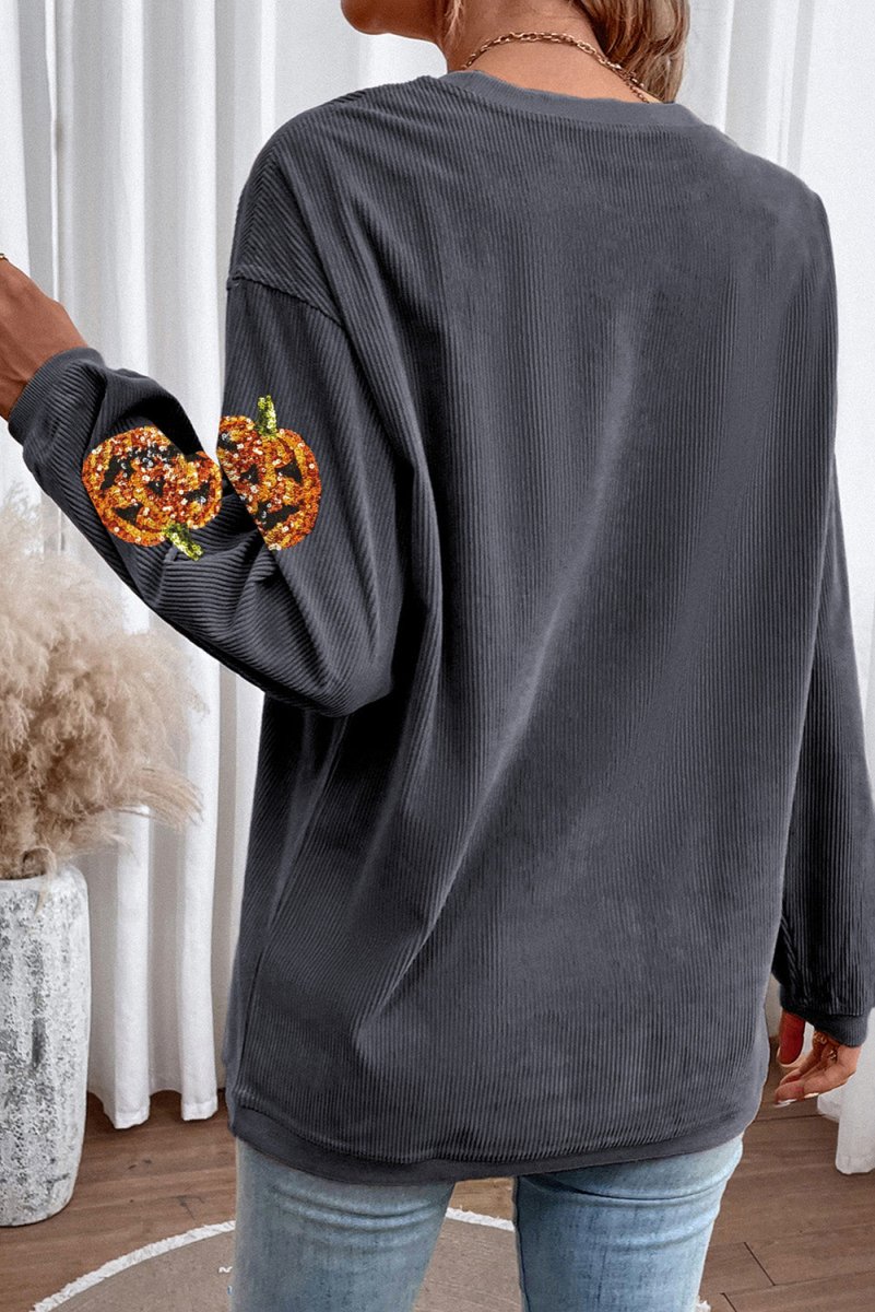 Halloween Bougie Sequined Pumpkin Corduroy Baggy Sweatshirt - Klazzi Fashion Boutique