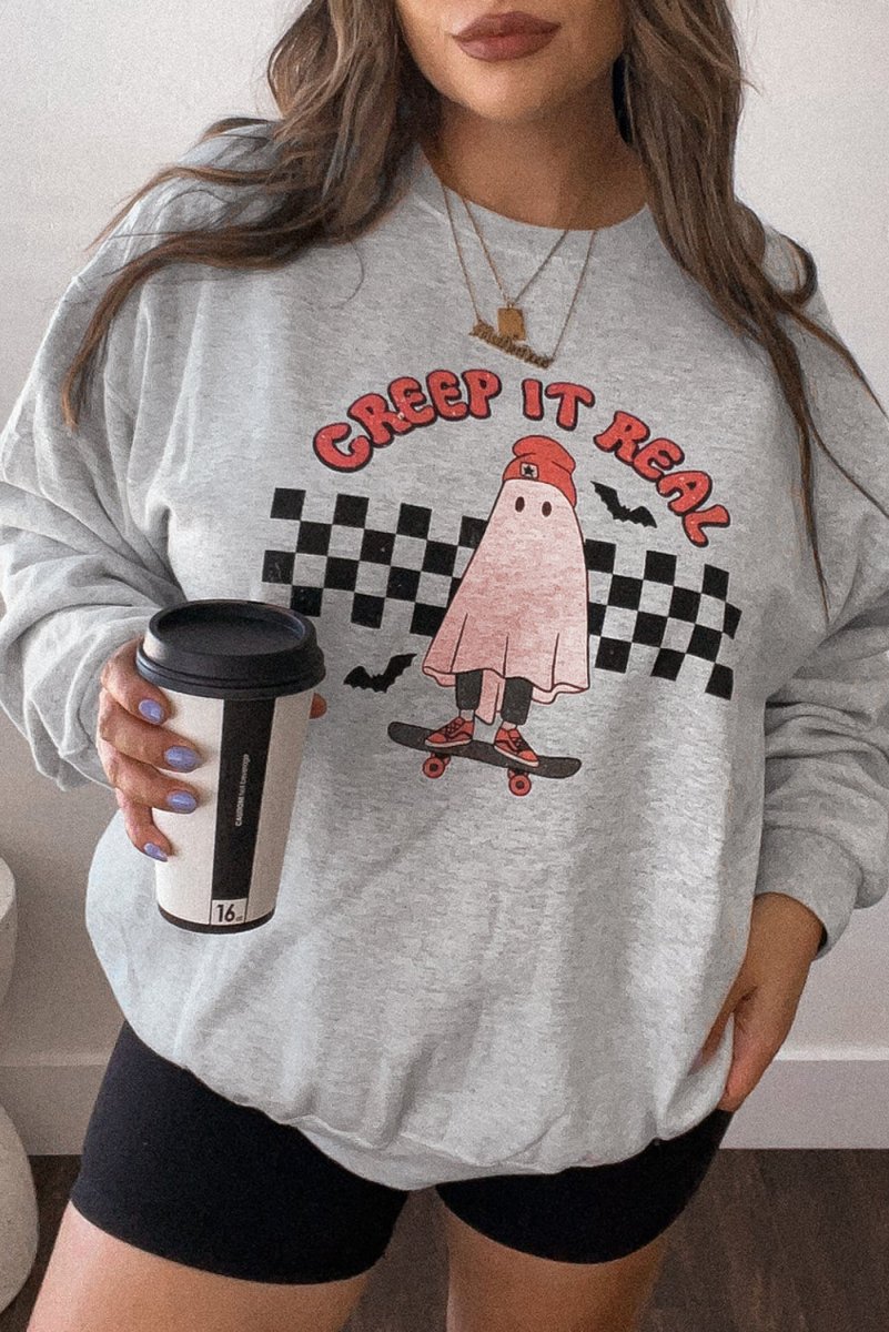 Halloween Ghost "Creep It Real" Plus Size Sweatshirt - Klazzi Fashion Boutique