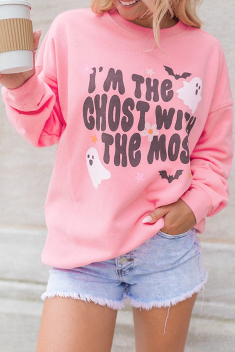 Halloween "Ghost With The Most" Pink Graphic Sweatshirt - Klazzi Fashion Boutique