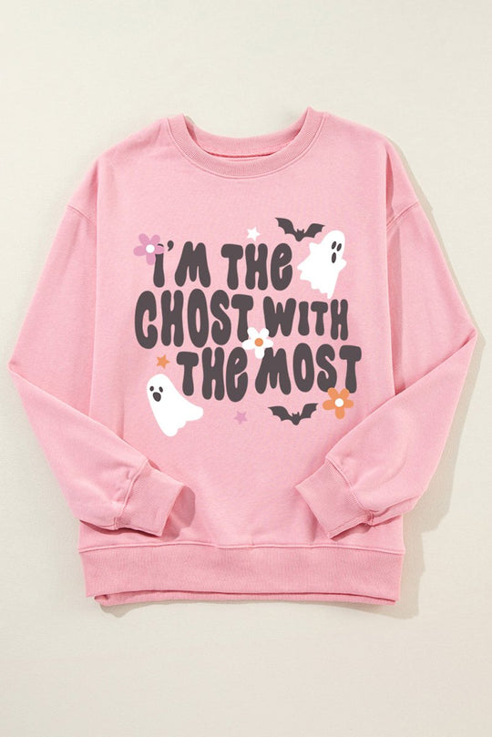 Halloween "Ghost With The Most" Pink Graphic Sweatshirt - Klazzi Fashion Boutique