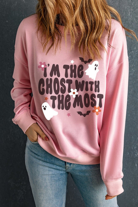 Halloween "Ghost With The Most" Pink Graphic Sweatshirt - Klazzi Fashion Boutique