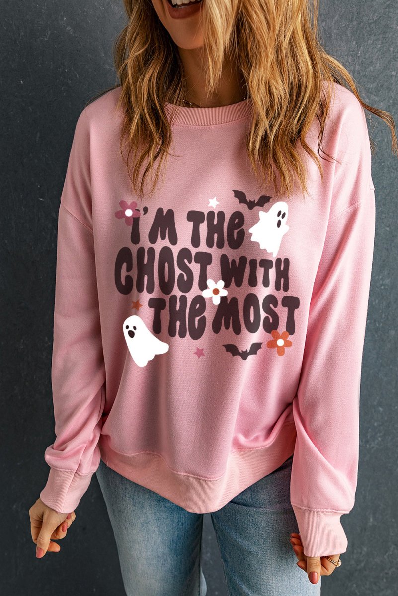 Halloween "Ghost With The Most" Pink Graphic Sweatshirt - Klazzi Fashion Boutique