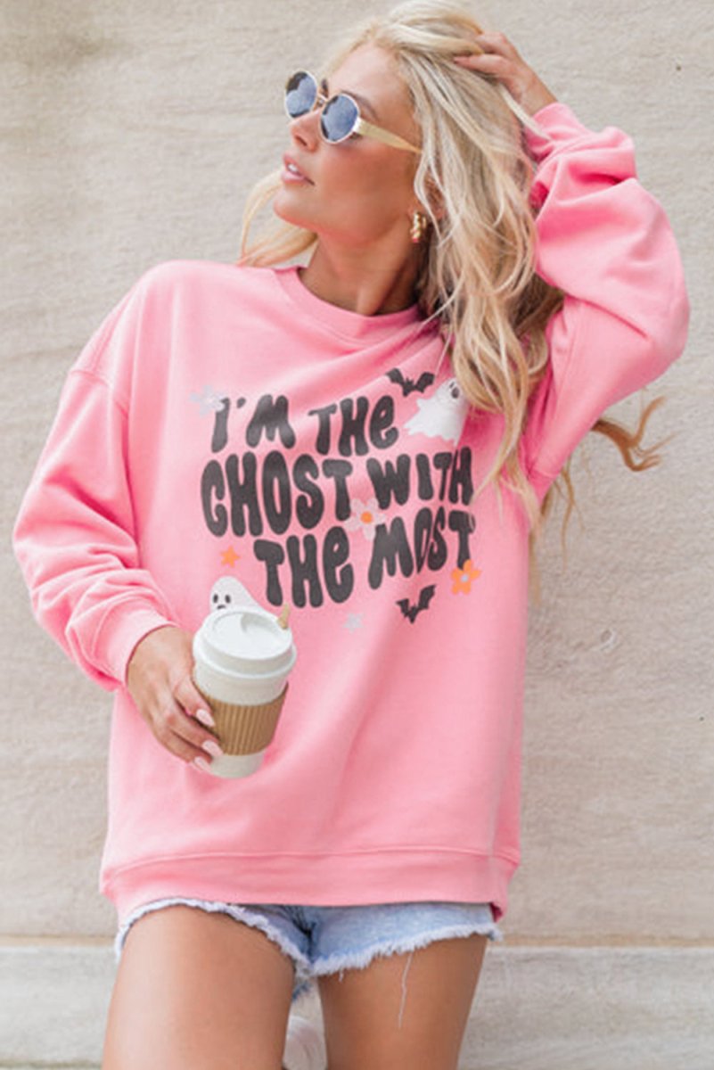 Halloween "Ghost With The Most" Pink Graphic Sweatshirt - Klazzi Fashion Boutique