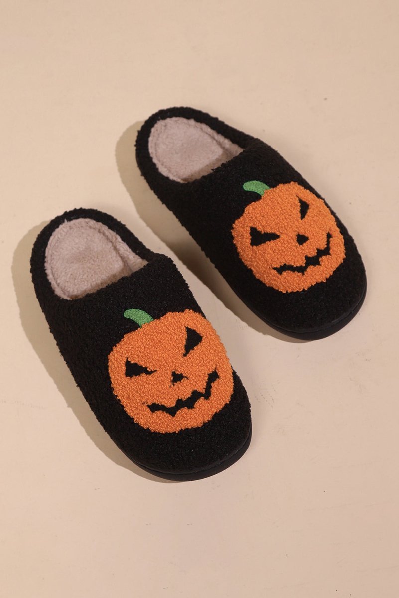 Halloween Pumpkin Black Slippers - Klazzi Fashion Boutique