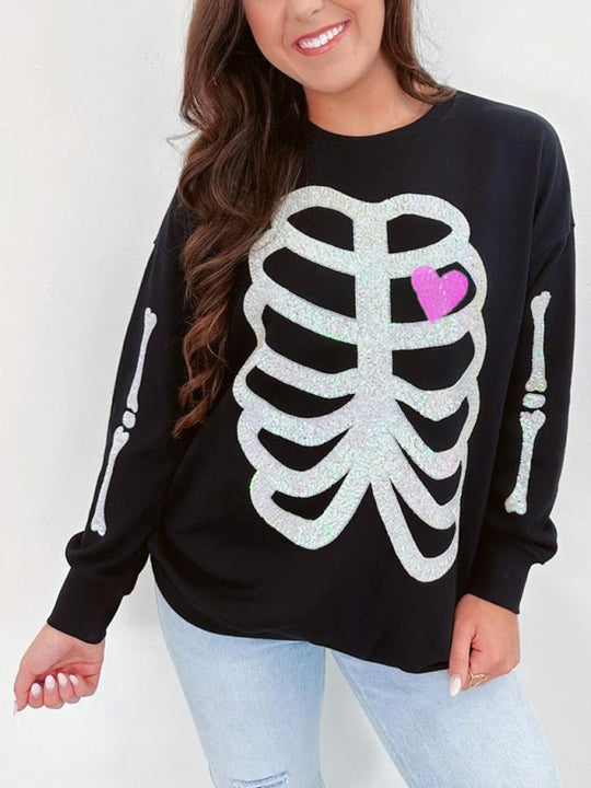 Halloween Sassy Skeleton Man Sequin Sweatshirt - Klazzi Fashion Boutique