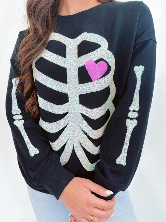 Halloween Sassy Skeleton Man Sequin Sweatshirt - Klazzi Fashion Boutique