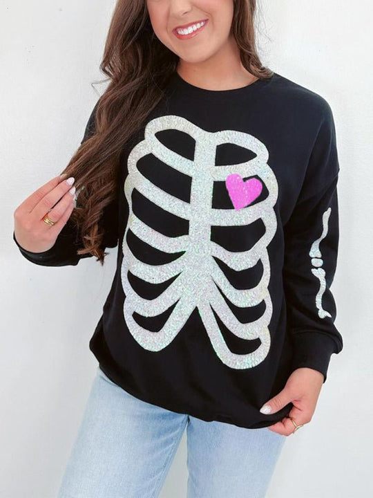 Halloween Sassy Skeleton Man Sequin Sweatshirt - Klazzi Fashion Boutique