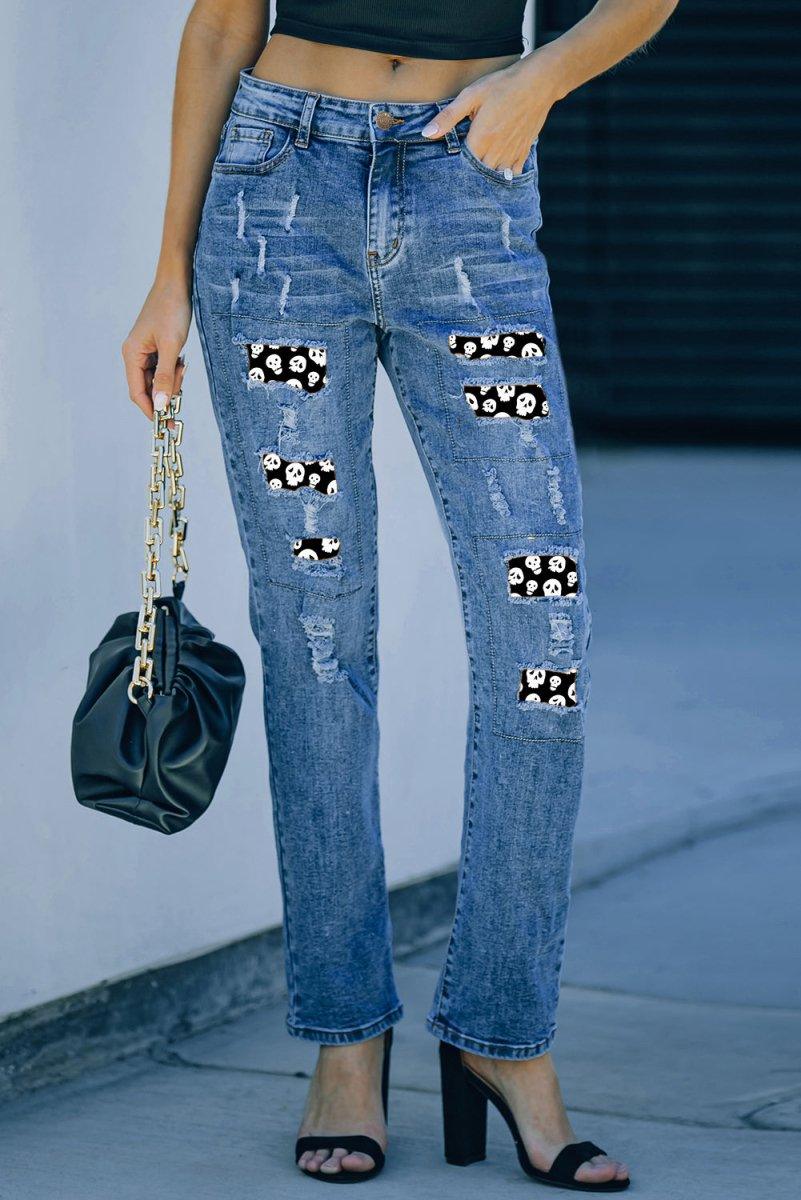 Halloween Spooky Skull Patches Distressed Straight Legs Denim - Klazzi Fashion Boutique