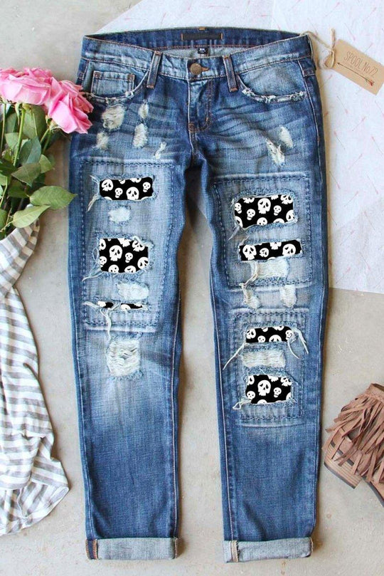 Halloween Spooky Skull Patches Distressed Straight Legs Denim - Klazzi Fashion Boutique