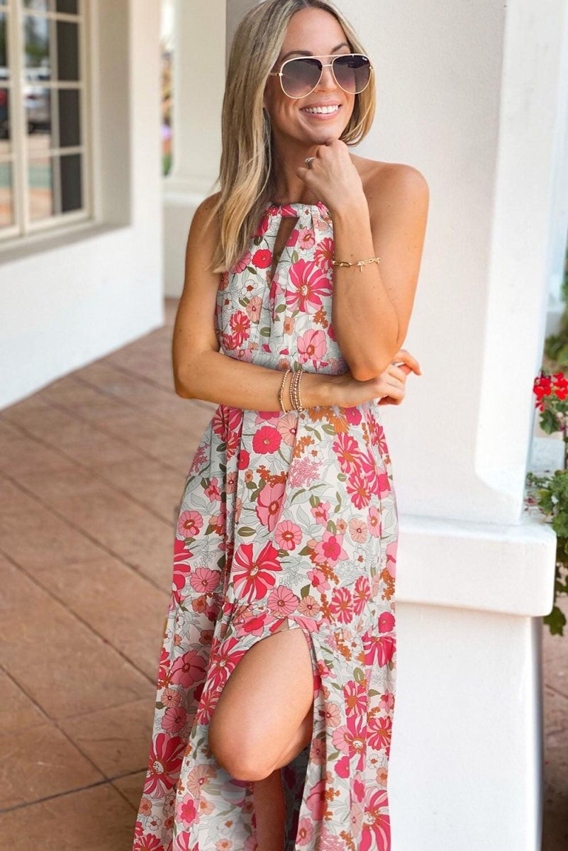 Halter Pink Floral Backless High Waist Maxi Dress - Klazzi Fashion Boutique