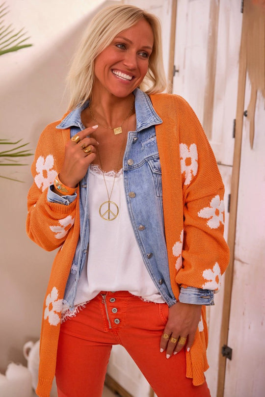 Happy Days Floral Orange Knitted Cardigan - Klazzi Fashion Boutique