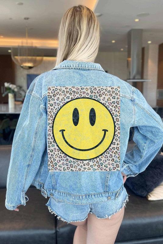 HAPPY FACE LEOPARD DENIM JACKET - Klazzi Fashion Boutique