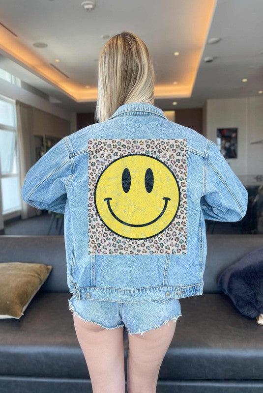 HAPPY FACE LEOPARD DENIM JACKET - Klazzi Fashion Boutique