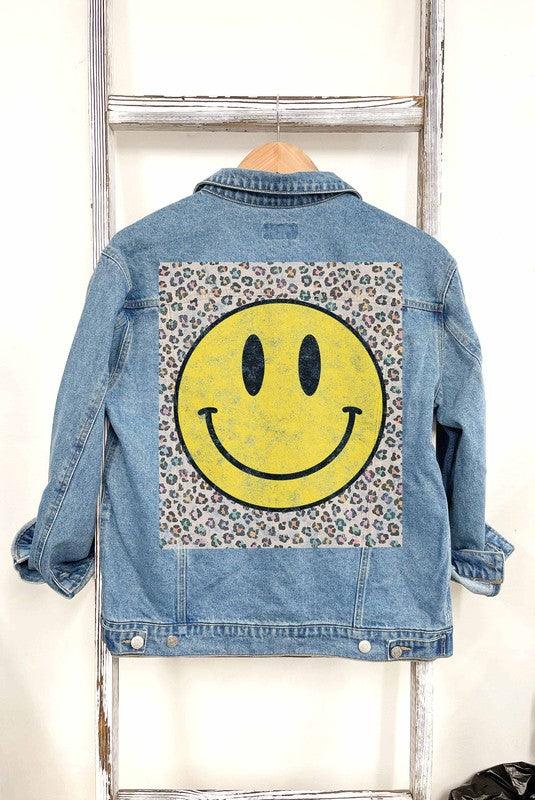 HAPPY FACE LEOPARD DENIM JACKET - Klazzi Fashion Boutique