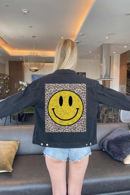 HAPPY FACE LEOPARD DENIM JACKET - Klazzi Fashion Boutique