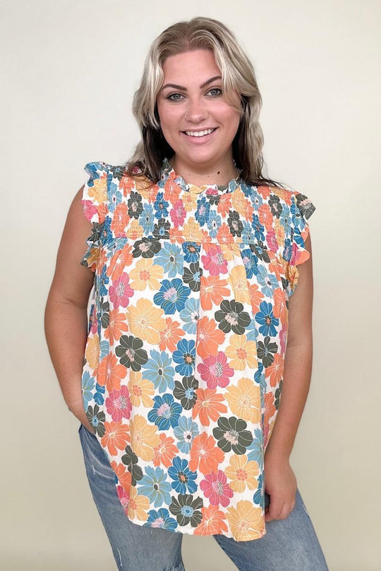 Hayden Floral Smocked Ruffle Detail Tank - Klazzi Fashion Boutique