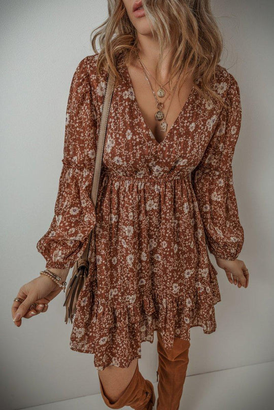 Heather Boho Brown Floral Ruffled Mini Dress - Klazzi Fashion Boutique