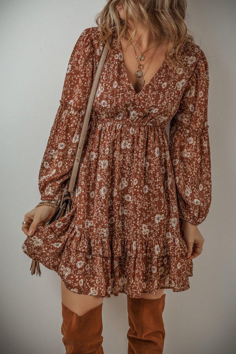 Heather Boho Brown Floral Ruffled Mini Dress - Klazzi Fashion Boutique