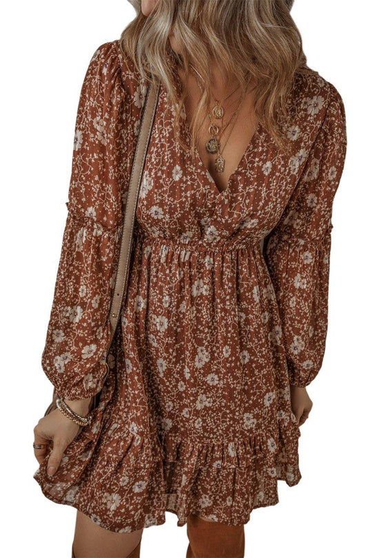 Heather Boho Brown Floral Ruffled Mini Dress - Klazzi Fashion Boutique