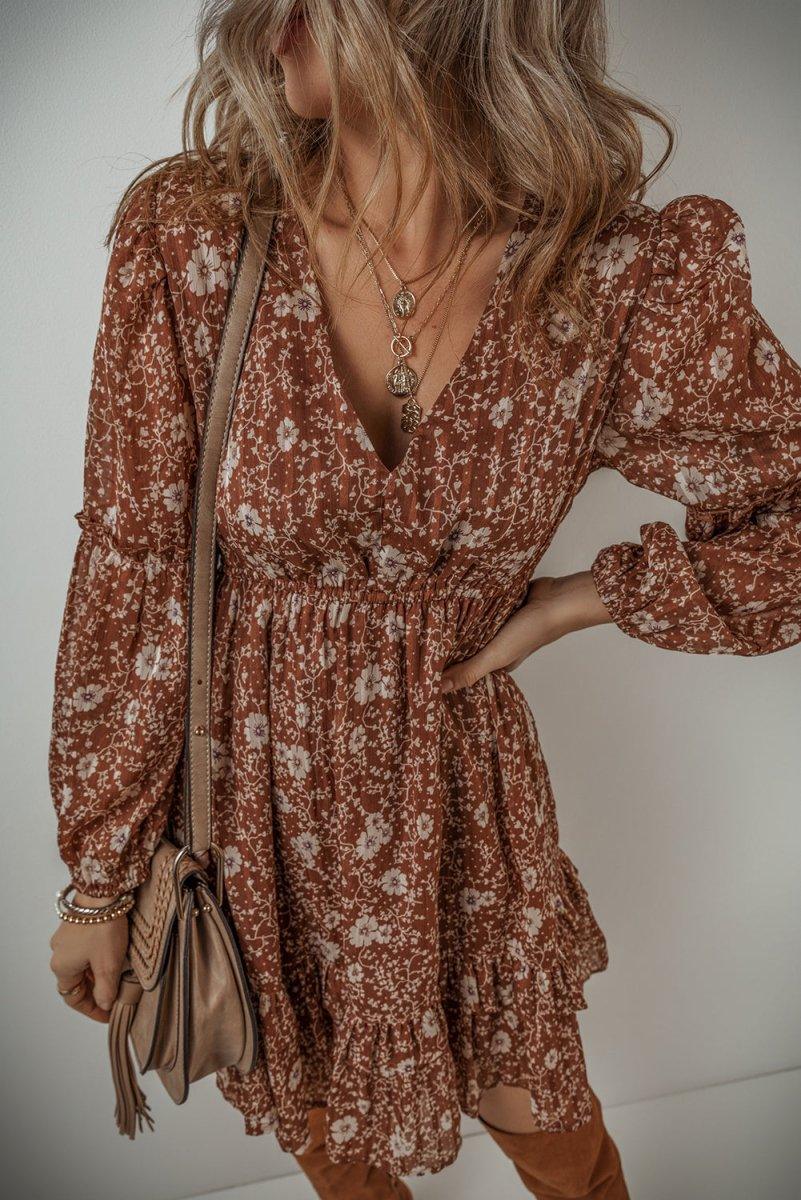 Heather Boho Brown Floral Ruffled Mini Dress - Klazzi Fashion Boutique