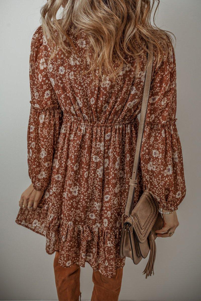 Heather Boho Brown Floral Ruffled Mini Dress - Klazzi Fashion Boutique