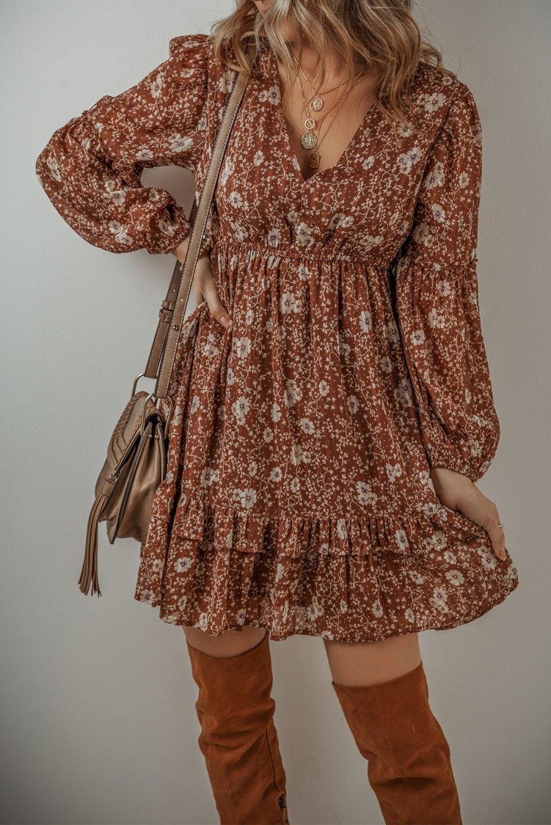 Heather Boho Brown Floral Ruffled Mini Dress - Klazzi Fashion Boutique