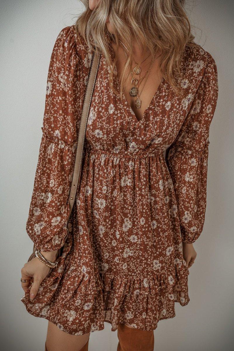 Heather Boho Brown Floral Ruffled Mini Dress - Klazzi Fashion Boutique