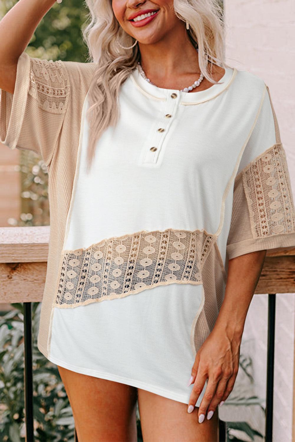 Henley White Lace Splicing Short Sleeve Top - Klazzi Fashion Boutique