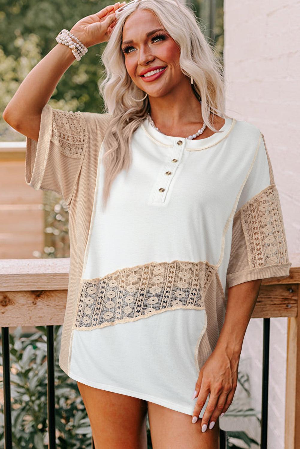 Henley White Lace Splicing Short Sleeve Top - Klazzi Fashion Boutique