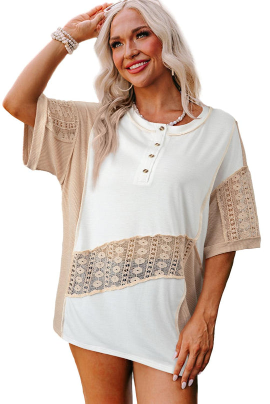 Henley White Lace Splicing Short Sleeve Top - Klazzi Fashion Boutique