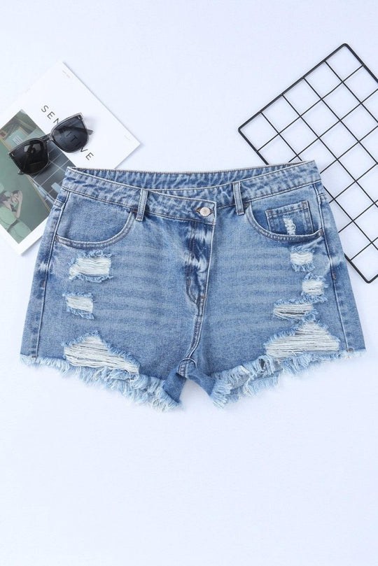 High Rise Crossover Denim Shorts - Klazzi Fashion Boutique