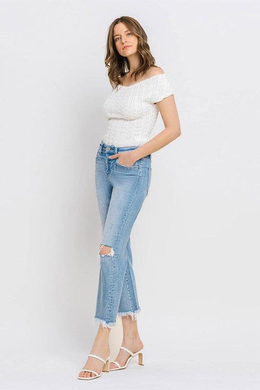 High Rise Frayed Hem Crop Straight Jeans - Klazzi Fashion Boutique