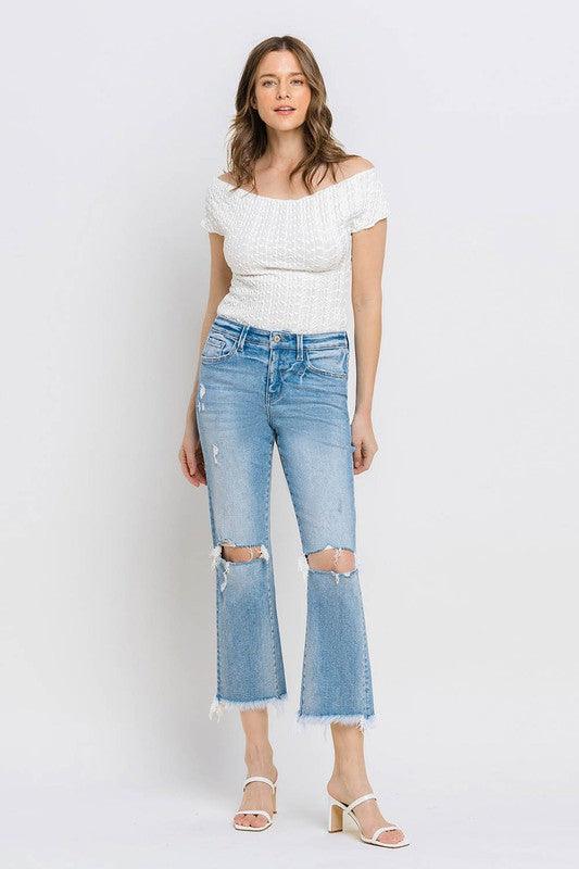 High Rise Frayed Hem Crop Straight Jeans - Klazzi Fashion Boutique