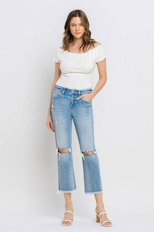 High Rise Frayed Hem Crop Straight Jeans - Klazzi Fashion Boutique