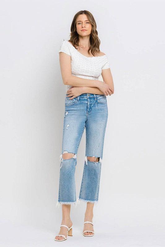 High Rise Frayed Hem Crop Straight Jeans - Klazzi Fashion Boutique