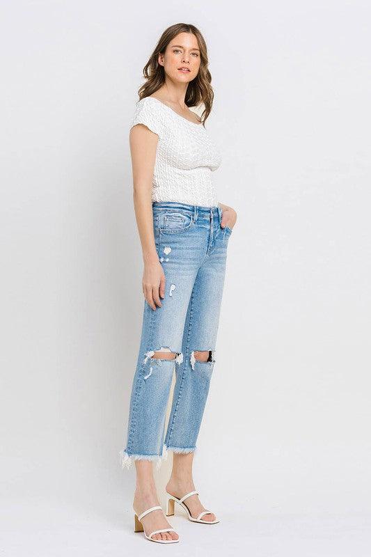 High Rise Frayed Hem Crop Straight Jeans - Klazzi Fashion Boutique