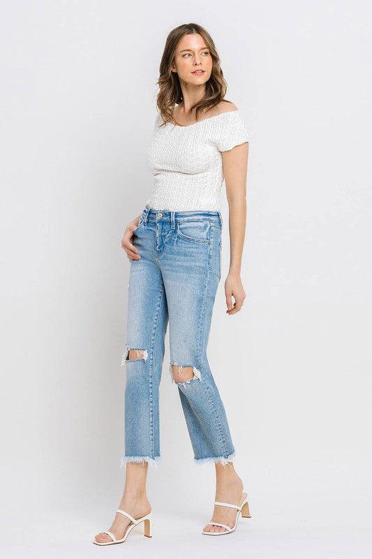 High Rise Frayed Hem Crop Straight Jeans - Klazzi Fashion Boutique