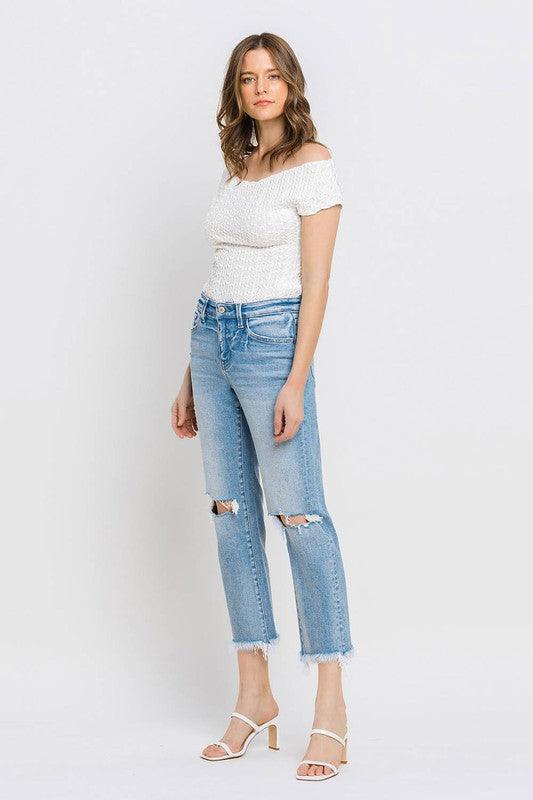 High Rise Frayed Hem Crop Straight Jeans - Klazzi Fashion Boutique