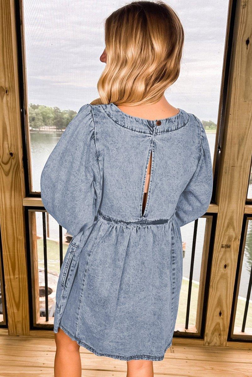 High Waist Loose Fit Denim Mini Dress - Klazzi Fashion Boutique