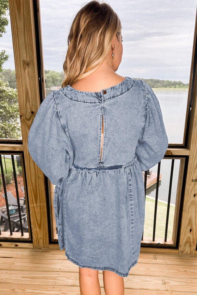 High Waist Loose Fit Denim Mini Dress - Klazzi Fashion Boutique